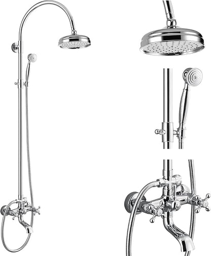 gotonovo Exposed Bathroom Shower System Classic Shower Kit 8 Inch Luxurious Rainfall Shower Head Handheld Spray Tub Filler Brass Pipe 3-Function Wall Mount Double Cross Knobs Polished Chrome