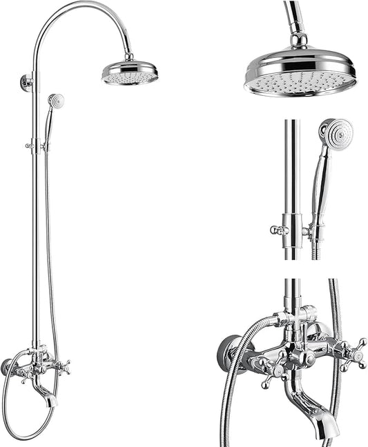 gotonovo Exposed Bathroom Shower System Classic Shower Kit 8 Inch Luxurious Rainfall Shower Head Handheld Spray Tub Filler Brass Pipe 3-Function Wall Mount Double Cross Knobs Polished Chrome