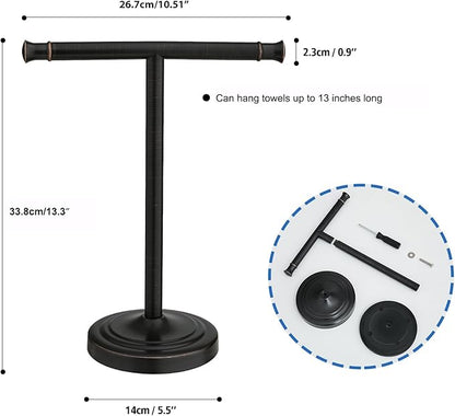 RUMOSE 13 Inch Oil Rubbed Bronze Towel Stand Hand Towel Holder Bathroom Kitchen Vanity Countertop T-Shape Towel Rack Free Standing Stainless Steel Towel Bar Towel Ring