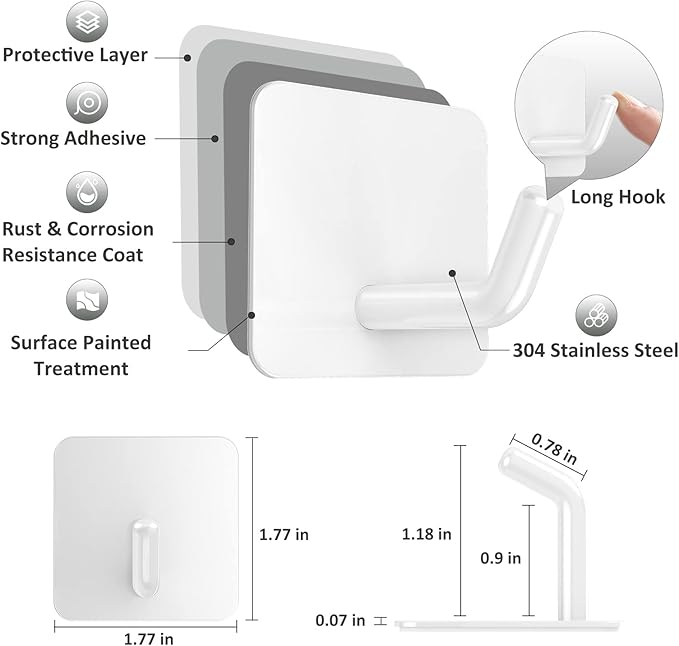 VIS'V Adhesive Hooks, Heavy Duty Shower Wall Stick on Hooks, Waterproof, 2 Extra Adhesive Strips, White, 4 Pcs