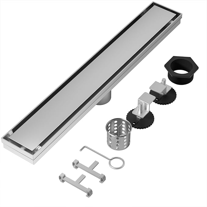 Linear Shower Drain, 304 Stainless Steel with Adjustable Leveling Feet, Hair Strainer,Reversely Install Place to Create an Invisible Floor Drain - Silver -16-Inch