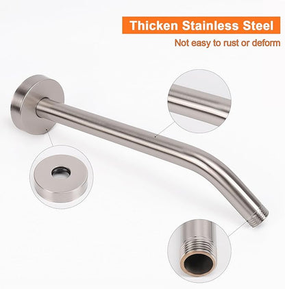 HarJue Shower Arm with Flange and Teflon Tape, Wall Mounted Shower Pipe 304 Stainless Steel Extension Arm for Fixed Shower Head & Handheld (12 Inches, Brushed Nickel)
