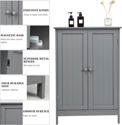 Tangkula Freestanding Storage Cabinet with Double Doors and Shelf, Modern Home Furniture, Wooden Organizer for Living Room and Bathroom, Grey