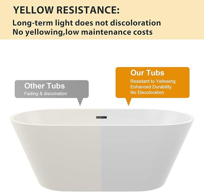 Logmey 59 Inch White Acrylic Freestanding Bathtub Oval Shape Soaking Tub with Black Drain & Overflow Assembly for Classic and Modern Bathrooms