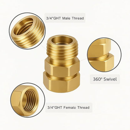 Garden Hose Swivel Connector, 3/4" GHT Brass Swivel Hose Connector, 360° Male to Female Hose Adapter, Anti-Kink Garden Hose Fittings, No-Leak Design with Washer and PTFE Tape