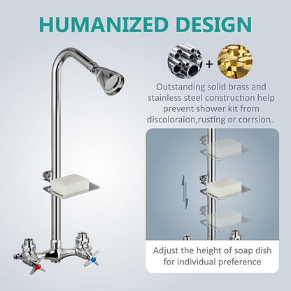 Aolemi Outdoor Shower Kit,Outdoor Shower Fixtures Faucet System with Brass Showerhead,Double Handle Exposed Shower with Brass Mix Valve,6 Inch Center with Soap Dish,Pipe Upward,Polish Chrome