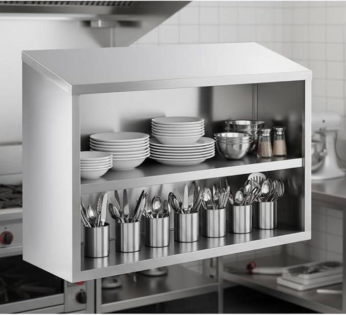 48" Stainless Steel Open Wall Cabinet, Type 304, 18 Gauge, Wall Mounted, 48x15x32 Inches