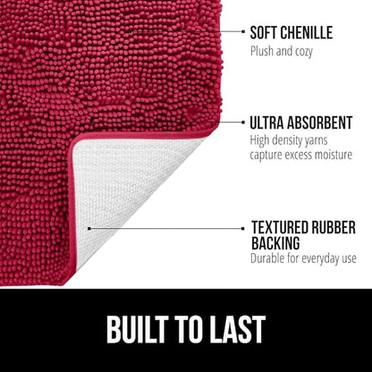 GORILLA GRIP Plush Absorbent Shaggy Chenille Bath Rug Mat for Square Toilet Base with Rubber Backing, Machine Washable Rugs, Soft Microfiber Contour Mats for Toilets, Bathroom Decor, Red