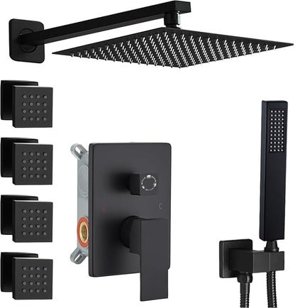 Matte Black Shower Faucet Set with Body Jets 10 Inch Matte Black Shower Head Handheld Shower Combo Set High Pressure Wall Mount with Rough-in Valve