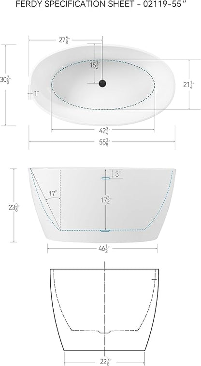 FerdY Tahiti 55" Acrylic Freestanding Bathtub, Elegant Oval Shape Soaking Bathtub, Glossy White, Matte Black Drain & Integrated Slotted Overflow Assembly Included cUPC Certified