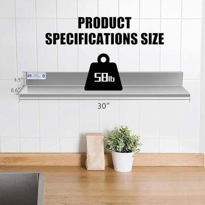 Hally Stainless Steel Wall Shelf 8.6 x 30 Inches 58 lb, NSF Commercial Heavy Duty Wall Mount Floating Shelving for Restaurant, Kitchen, Home, Hotel and Bar, 2 Pack