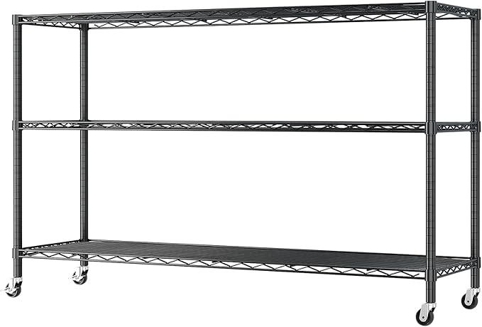 3 Tier Storage Racks Shelving, Heavy Steel Pantry Shelves, Adjustable Wire Shelving Rack with Wheels, Suitable for Garage, Kitchens, Offices, 46" W x 17.7" D x 41" H, Black