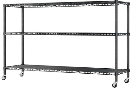 3 Tier Storage Racks Shelving, Heavy Steel Pantry Shelves, Adjustable Wire Shelving Rack with Wheels, Suitable for Garage, Kitchens, Offices, 46" W x 17.7" D x 41" H, Black
