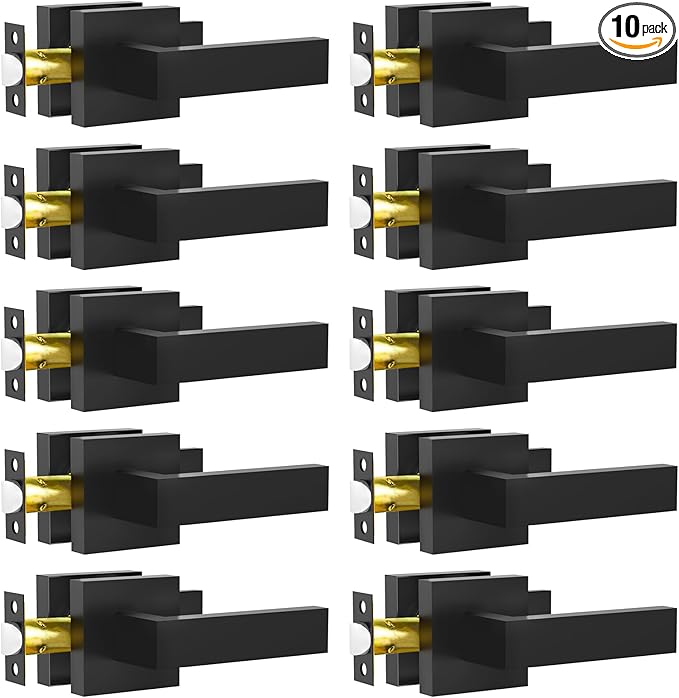 Passage Door Lever, 10 Pack Matte Black Interior Door Handles for Hallway and Closet, Heavy Duty Square Interior Keyless Door Handles Non-Locking Door Knobs for Right & Left Side Door