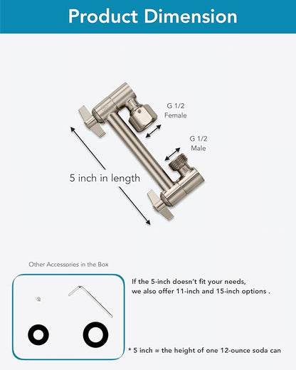 5 Inch Adjustable Shower Head Extension Arm With Locking Set Screw, Singing Rain Brass Nickel Brushed Angle Height Adjustable, Easy To Install, G1/2 Universal Connector Compatible (Nickel Brushed)