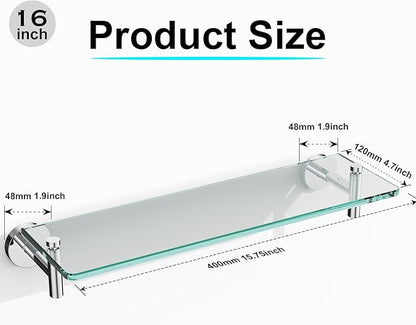 Glass Shelves for Bathroom,16-Inch Chrome Polished Floating Bathroom Shelf Stainless Steel Tempered Glass Shelf Modern Shelves Wall Mounted