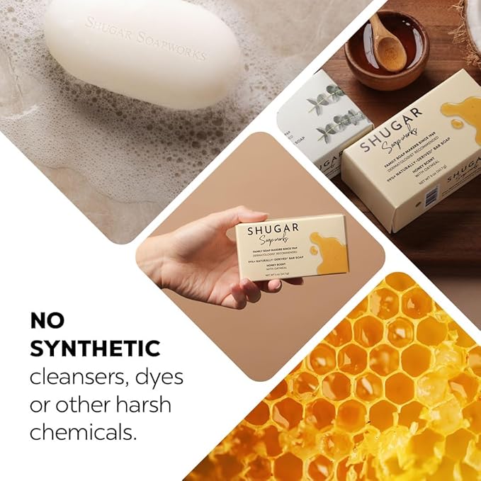 Shugar Soapworks Oatmeal & Honey 5 oz Beauty Bar Soap 8-Pack | Plant-Based Vegan Formula | Sulfate & Paraben Free | Gentle Exfoliating Cleanser with Finely Ground Oatmeal Flakes