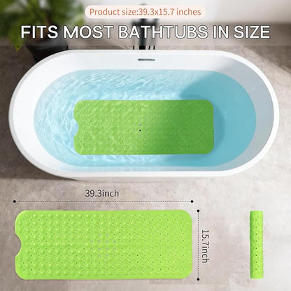 Anti-Slip Bathtub Shower mat, 39.3×15.7 inch（Approximately 100 × 40cm） Soft Oversized Machine Washable Non-Slip Bathtub mat with Drainage Holes, Bathroom Floor Suction Cup.（1-Opaque Pea Green）