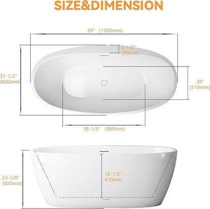 59" Acrylic Freestanding Bathtub, Tap Deck Bathtub, Stand Alone Tub, Soaking Tub with Integrated Overflow and Drain, cUPC Certified