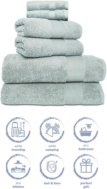 Hencely 6-Piece Bath Towel Set - High Absorbency, Quick Drying - 100% Soft Turkish Cotton - 2 Bath Towels, 2 Hand Towels, 2 Washcloths - for Bathroom, Home, Hotel, Spa, and Gym - 6-Pack Light Green