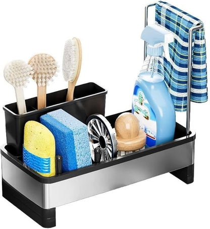 Stainless Steel Sink Caddy Organizer with Auto-Drain & Removable Brush Holders Rustproof Sponge Holder for Kitchen Sink, Countertop Storage for Soap Dispenser,Dishcloth & Kitchen Accessories
