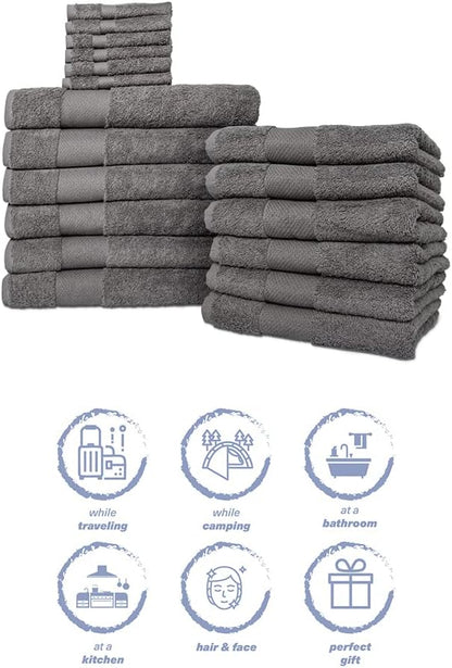 Hencely 18-Piece Bath Towel Set - High Absorbency, Quick Drying - 100% Soft Turkish Cotton - 6 Bath Towels, 6 Hand Towels, 6 Washcloths - Bathroom, Home, Hotel, Spa, and Gym - 18-Pack Gray