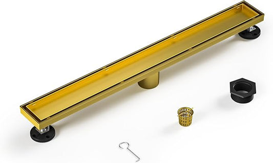Linear Shower Drain 24", Brushed Gold Floor Drain with Tiled Insert Grate & Hair Strainer, 304 Stainless Steel Bathroom 2-in-1 Tiled in Drain, CUPC Certified (Brushed Gold, 24'')