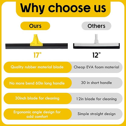 Floor Squeegee for Concrete and Tile Cleaning, 24'' Heavy Duty Rubber Wiper with 60'' Long Adjustable Handle Water Scraper for Bathroom Shower Glass Garage Glass Window(Yellow