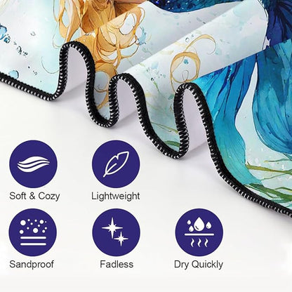 Blue-Green Scallop Mermaid Tail Beach Towel 36"x72" Golden Highlights Quick Dry Microfiber Swim Gear