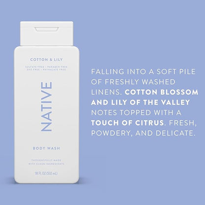 Native Body Wash Contains Naturally Derived Ingredients | For Women & Men, Sulfate, Paraben, & Dye Free Leaving Skin Soft and Hydrating | Cotton & Lily 18 oz - 2 Pk