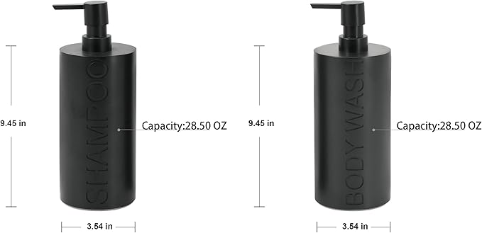 2-Pack Matte Black Resin Refillable Shampoo & Body Wash Bottles – Modern Bathroom Pump Dispenser Set, Durable Resin Shower Containers with Embossed Labels, Reusable Pump Bottle