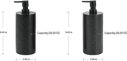 2-Pack Matte Black Resin Refillable Shampoo & Body Wash Bottles – Modern Bathroom Pump Dispenser Set, Durable Resin Shower Containers with Embossed Labels, Reusable Pump Bottle
