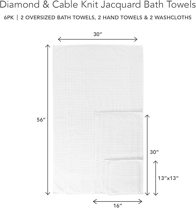Texere 100% Organic Cotton Diamond Jacquard 700 GSM Luxury Bath Towel Sets, Soft and Absorbent Hotel Quality, Bath Towels, Hand Towels, Washcloths (Diamond, Bright White, 6 Piece)
