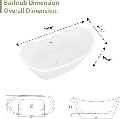 59 Inch Acrylic Freestanding Soaking Bathtub - Mocoloo Contemporary Soaking White Tub Stand Alone Bathtub with Overflow and Drain