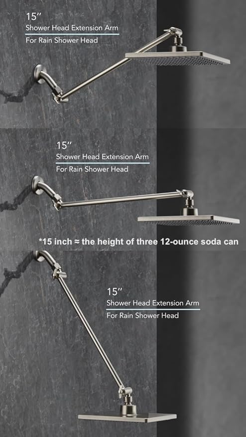 15 Inch Extra Long Adjustable Shower Head Extension Arm With Locking Set Screw, Singing Rain Brass Angle Height Adjustable, Easy To Install, G1/2 Universal Connector Compatible (Nickel Brushed)