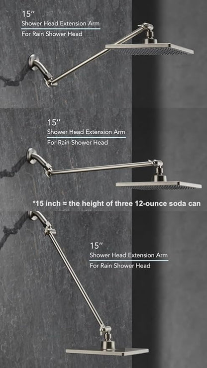 15 Inch Extra Long Adjustable Shower Head Extension Arm With Locking Set Screw, Singing Rain Brass Angle Height Adjustable, Easy To Install, G1/2 Universal Connector Compatible (Nickel Brushed)
