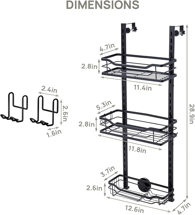 LEVERLOC Over The Door Shower Caddy, Shelf Distance Adjustable Hanging Rack Sturdy Rust Proof Bathroom Shelves with Strong Suction Cup, Shower Organizer Basket Storage Rack, Metal Black
