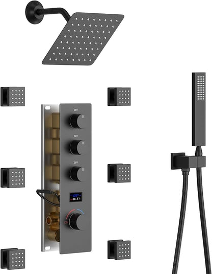 Matte Black Shower System with 6 PCS Body Jet, 8 inch Wall Mount Rain Shower Head and Handheld Shower, Digital Tempreature Display Push Button Shower Faucet Trim Kit