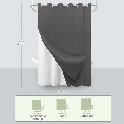 Inhousolu No Hook Waffle Weave Shower Curtain with Removable Snap in Fabric Liner Set for Bathroom, 230 GSM Heavy Duty Weighted Hem, Water Repellent Washable Bath Curtains, 72 x 84 Inch, Graphite Grey