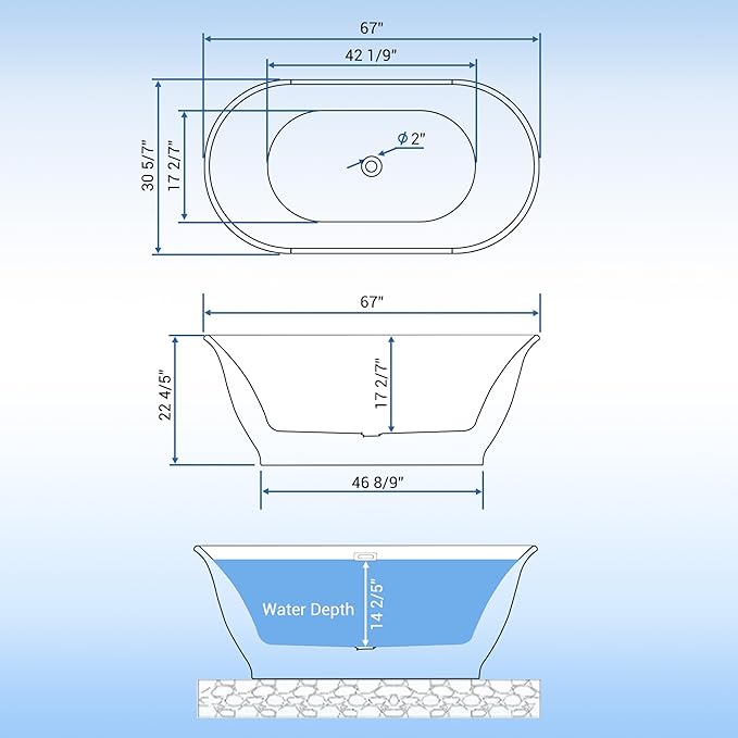 Freestanding Bathtub 67 Inch Oval Acrylic Soaker Tub – Glossy White Flared-Edge Free Standing Bathtub with Chrome Drain & Overflow