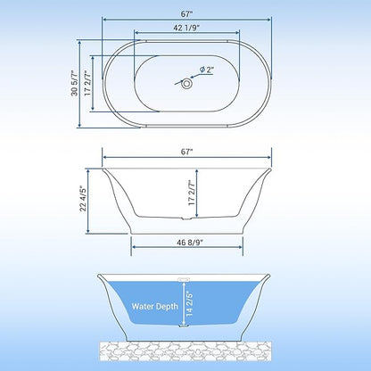 67 in Acrylic Freestanding Bathtub, Soaking Bathtub with Matte Drain and Overflow, Modern Square Tub, Deep Ergonomic Design, CUPC Certified, Double-Walled Insulation, Easy Install and Safe Use, White