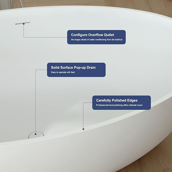 SJ STAR&JANE 67" x 39" Matte White Solid Surface Freestanding Bathtub, Oval Soaking Extra Wide Tub with Overflow and Pop-up Drain for Bathroom