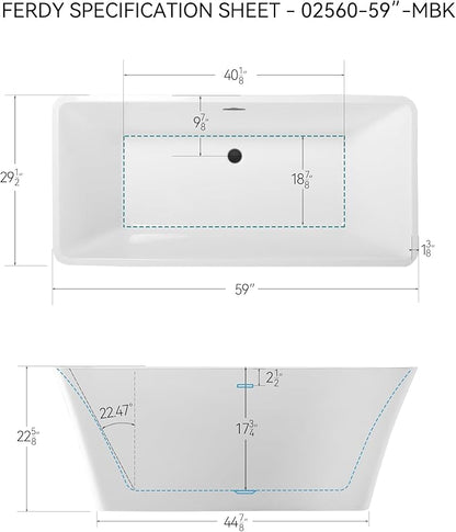 FerdY Sentosa 59" Acrylic Freestanding Bathtub, Contemporary Design Soaking Tub with Matte Black Drain and Minimalist Linear Design Overflow, Easy to Install