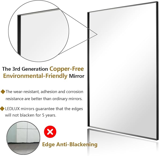 36x36 Inch Black Bathroom Mirror, Copper-Free Mirror, Aluminum Alloy Frame Vanity Mirror, Rectangle Wall Mounted Mirror, Modern Mirror for Bedroom/Living Room/Porch Horizontal or Vertical