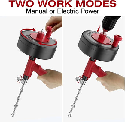 Drain Snake, 25ft Flexible Steel Drain Auger With Drill Adapter, Plumbing Unblocking Hand Auger, Manual Or Powered for Shower & Bathtub Clogs-No auto retract or feed