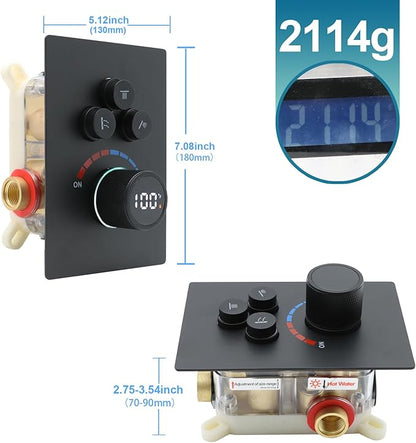 Solid Brass Shower Mixer Valve, Concealed 3 Way Outlet LED Digital Display Diverter Valve, Can Use All Options at A Time Black