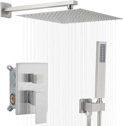 Shower Faucet Set 16 Inch Wall Mount Rain Shower System, All Metal Shower Fixtures - Brushed Nickel