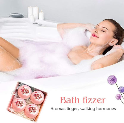Dried Flower Bath Bombs Salt Balls,4-Pack Gift Set,Rose Extract Essential Oils,Moisturizing Dry Skin,Fizzy Spa,Relaxation,Self Care,Relaxing,Bubble Bath Bomb Gifts Idea for Men Women