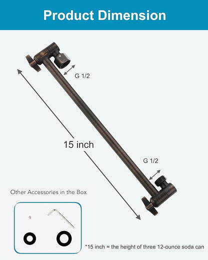 15 Inch Extra Long Adjustable Shower Head Extension Arm With Locking Set Screw, Singing Rain Brass Angle Height Adjustable, Easy To Install, G1/2 Universal Connector Compatible (Oil Rubber Bronze)