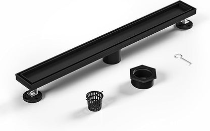 Linear Shower Drain 24", Matte Black Floor Drain with Tiled Insert Grate & Hair Strainer, 304 Stainless Steel Bathroom 2-in-1 Tiled in Drain, CUPC Certified (Matte Black, 24'')